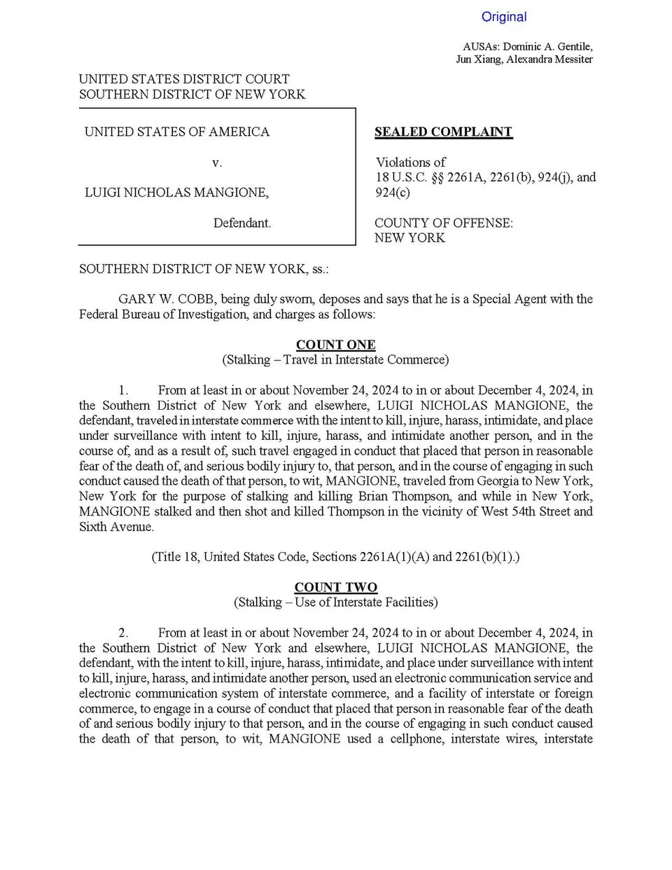 Luigi Mangione Pleads Guilty to Federal Stalking Charges