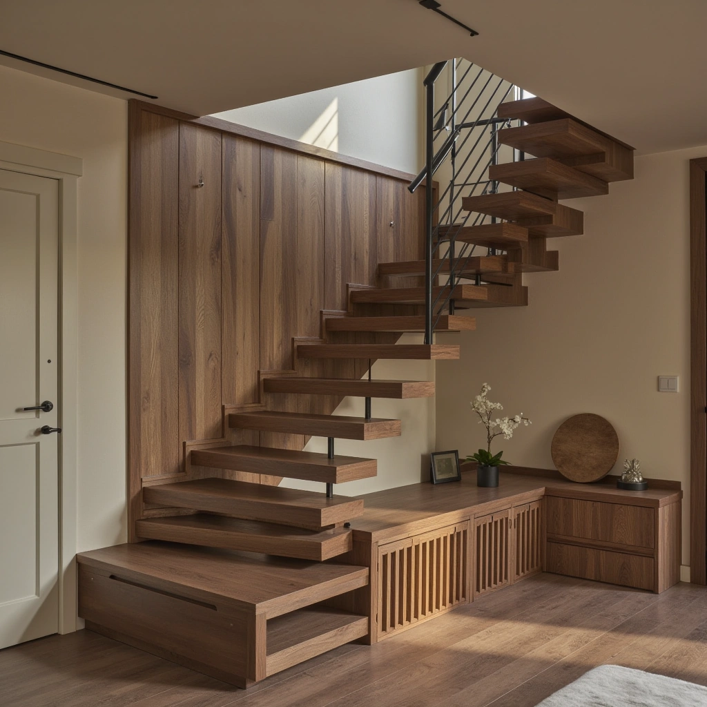 2. Natural Wood Floating Staircase