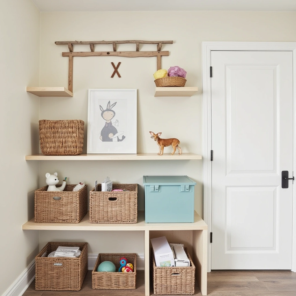 5. Floating Shelves with Toy Boxes