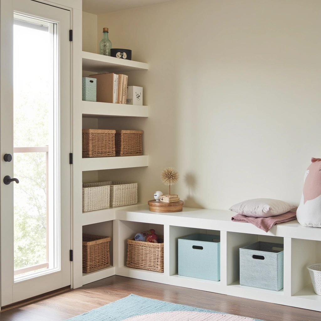10. Corner Shelves with Toy Baskets