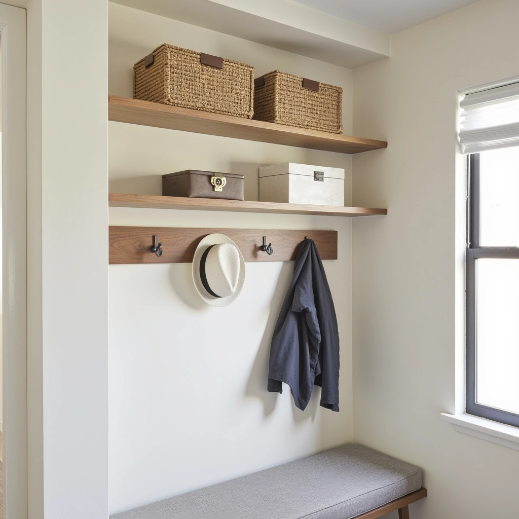 2. Sleek Floating Shelves with Built-in Hooks for Maximum Functionality