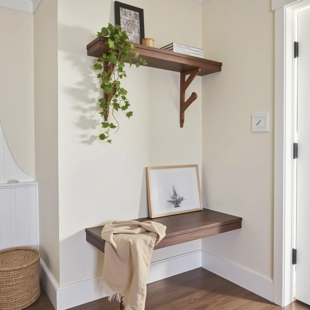 7. Floating Shelves with Built-in Bench for Dual Purpose