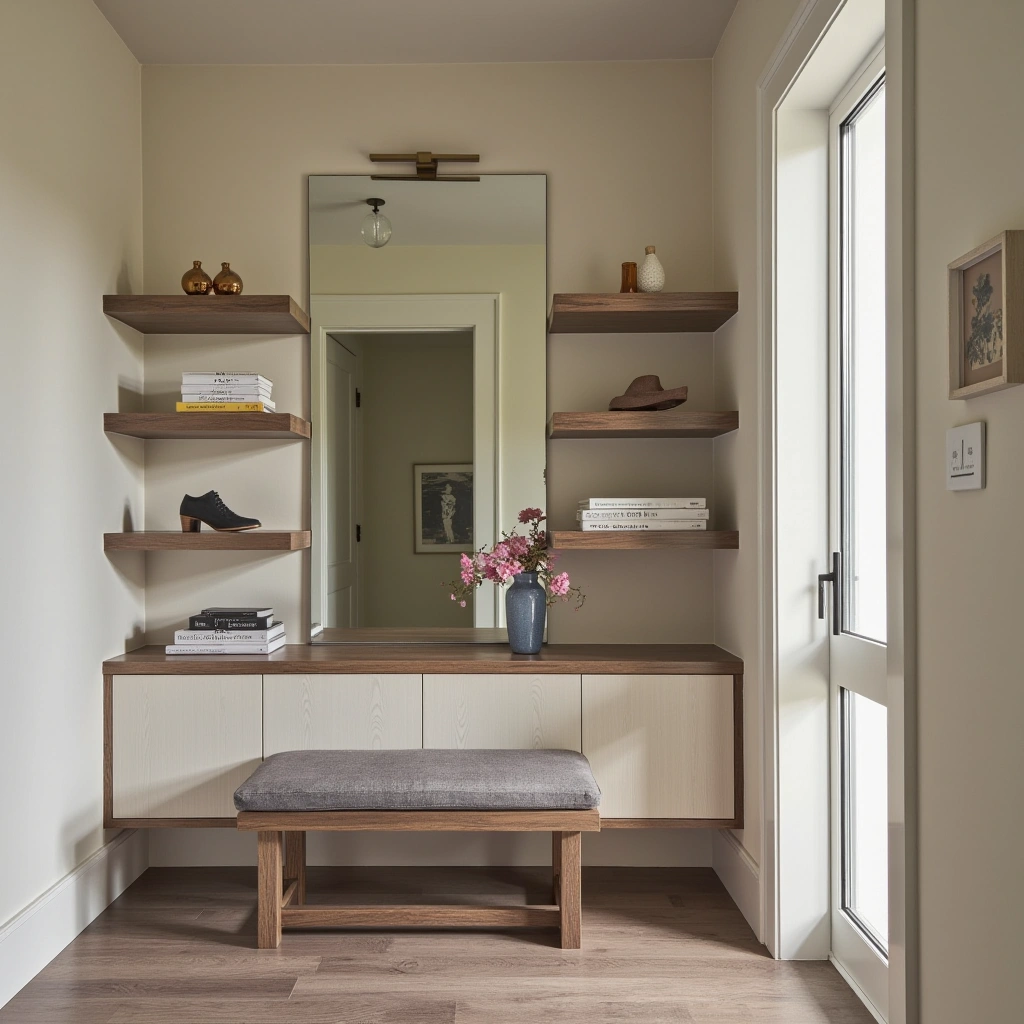8. Floating Shelves with Mirror Backdrop to Expand Space