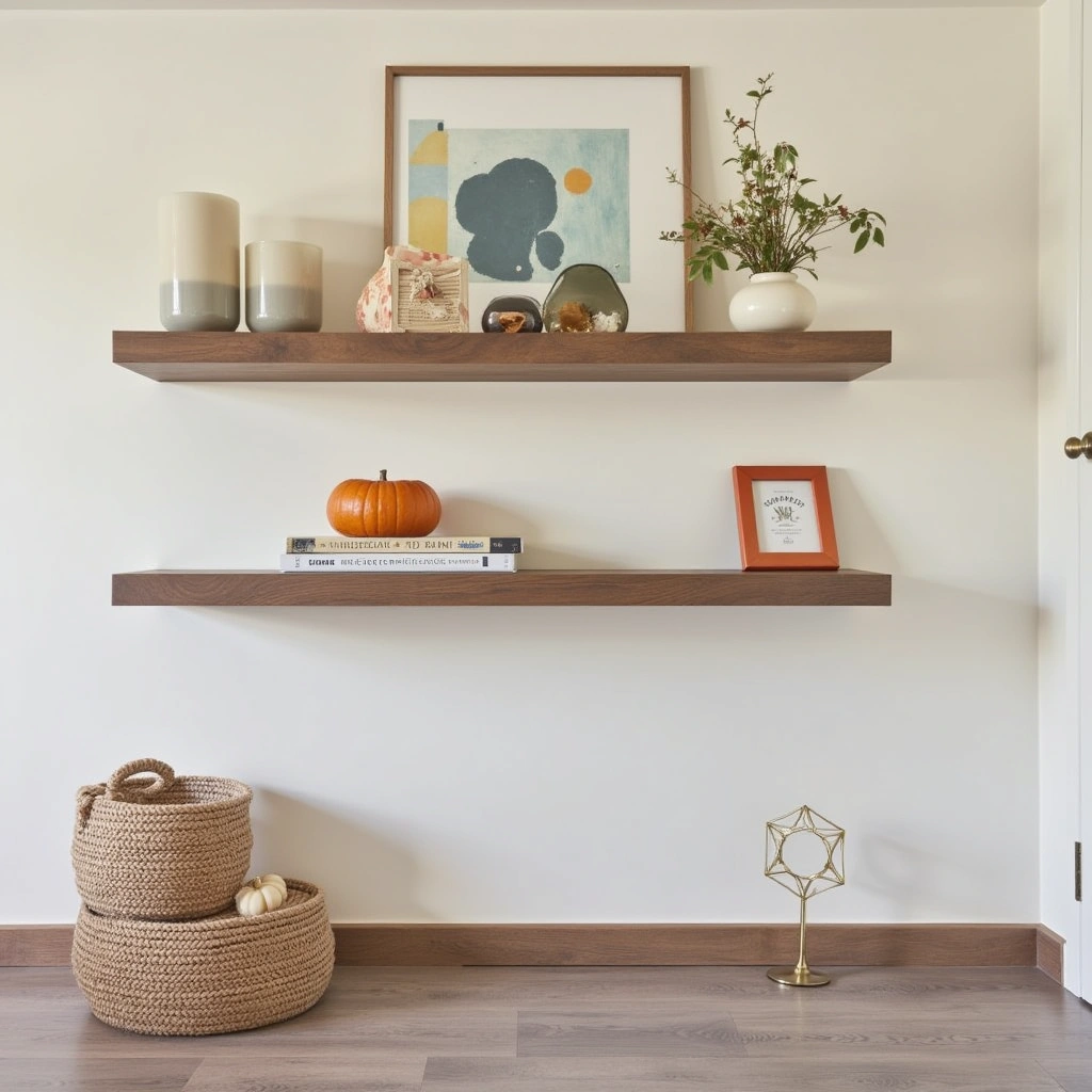 9. Floating Shelves with Seasonal Decor Rotation